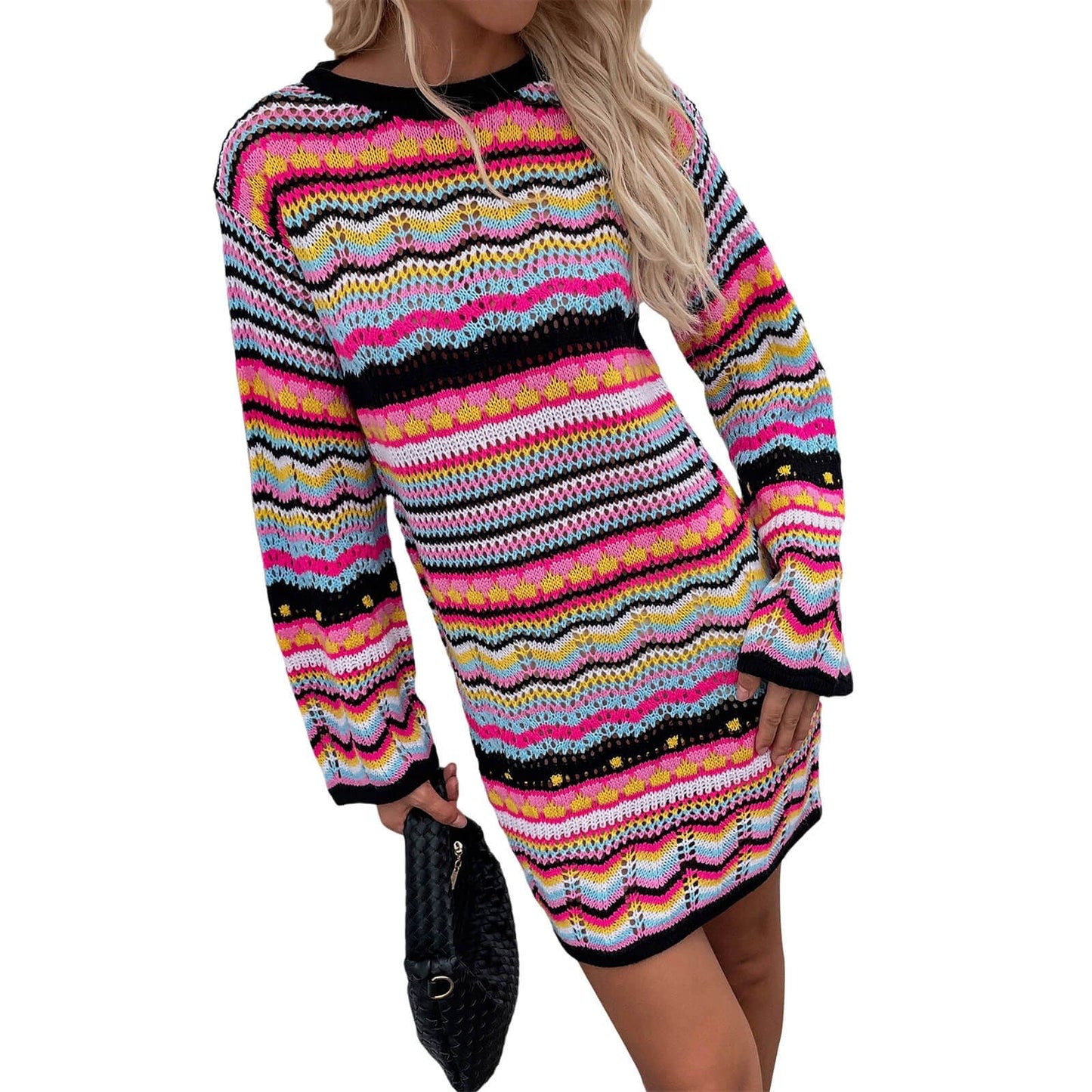 Crochet dress long sleeve striped O-neck pink