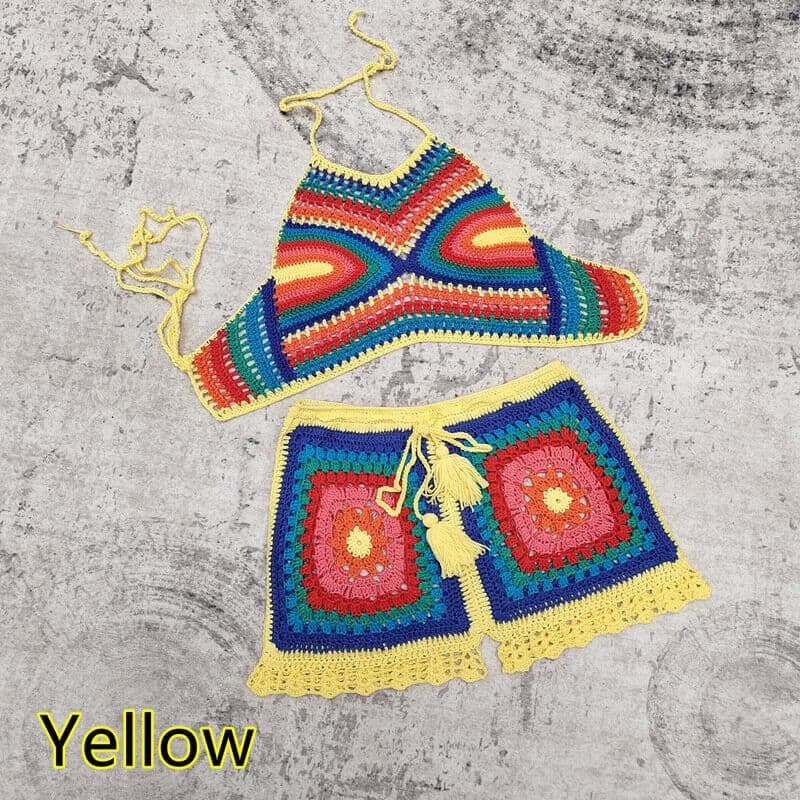 Crochet set halter neck top and shorts yellow