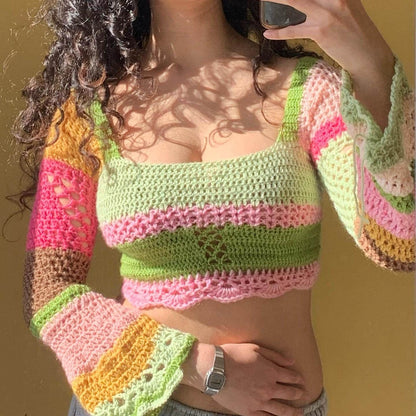 Crochet top long sleeve square neck