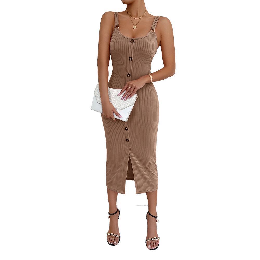 Slim-fit Knitted Slit One-step Dress With Suspenders