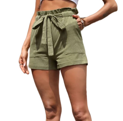Pure Color Ruffles High Waist Lace-up Shorts