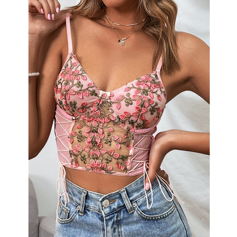 Ladies Embroidered Flower Lace-Up Party Corset Top
