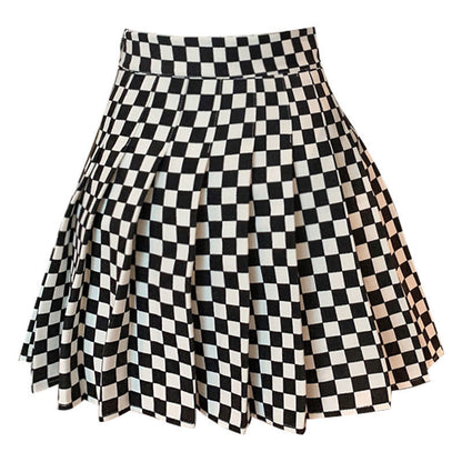 A-Line High Waist Slim Fit Black And White Plaid Pleated Skirt