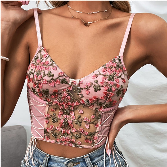 Ladies Embroidered Flower Lace-Up Party Corset Top
