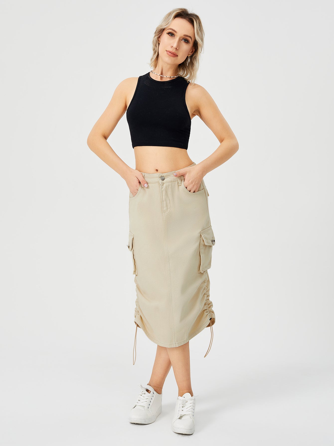 Cargo Midi Loose High Waist Front Split Skirt