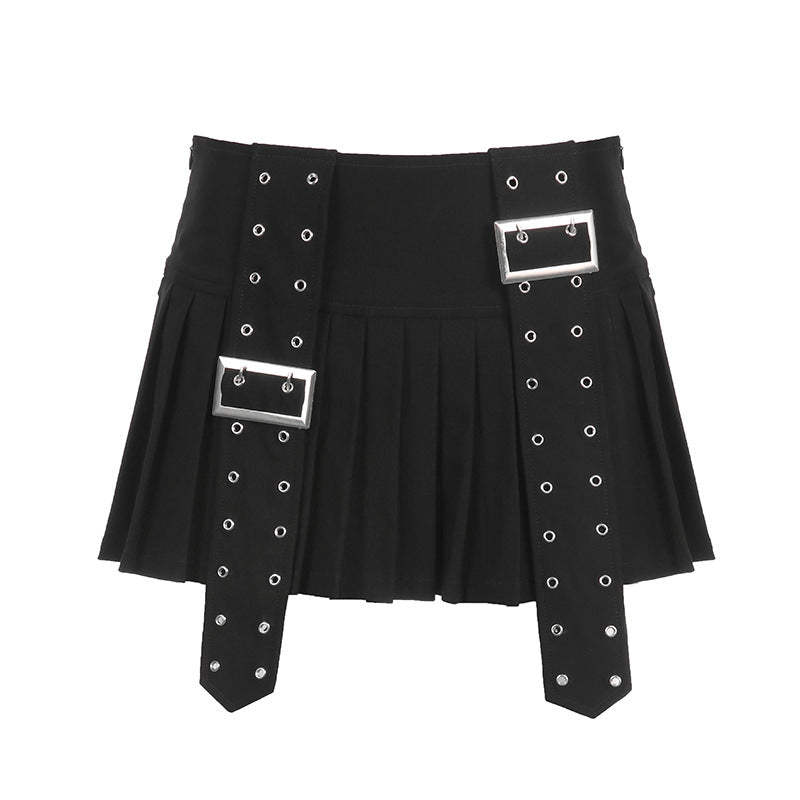 A- Line Pleated Skirt Japanese Buckle Stitching Low Waist Style
