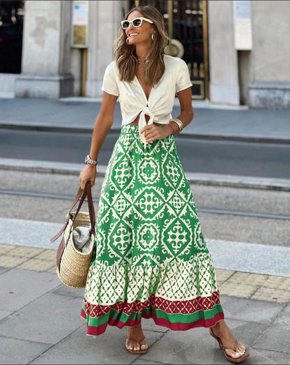 European Summer Printed Loose Stitching Large Swing Skirt
