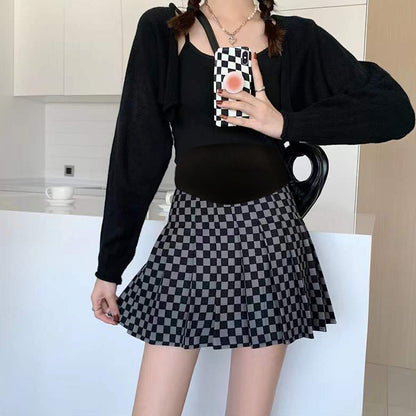 A-Line High Waist Slim Fit Black And White Plaid Pleated Skirt