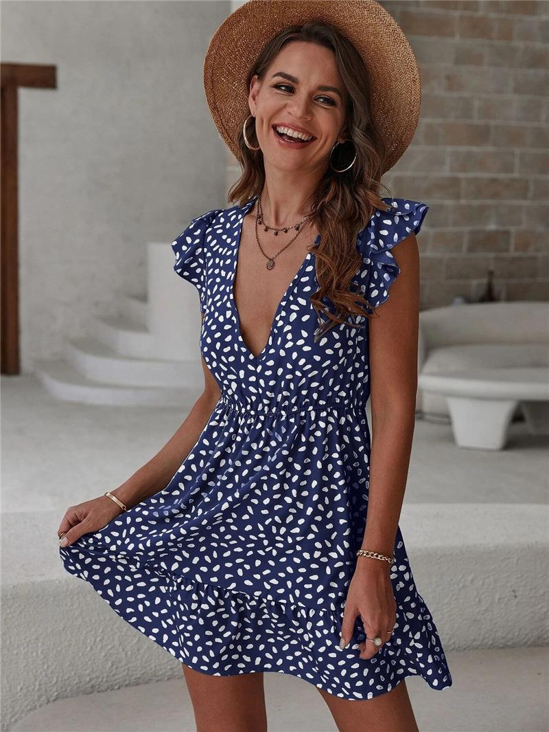 Fashion Printed Dotted Sleeveless Loose V-neck Dress