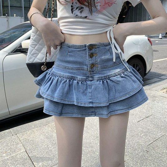 Pure Denim Skirt Anti-exposure Single-breasted