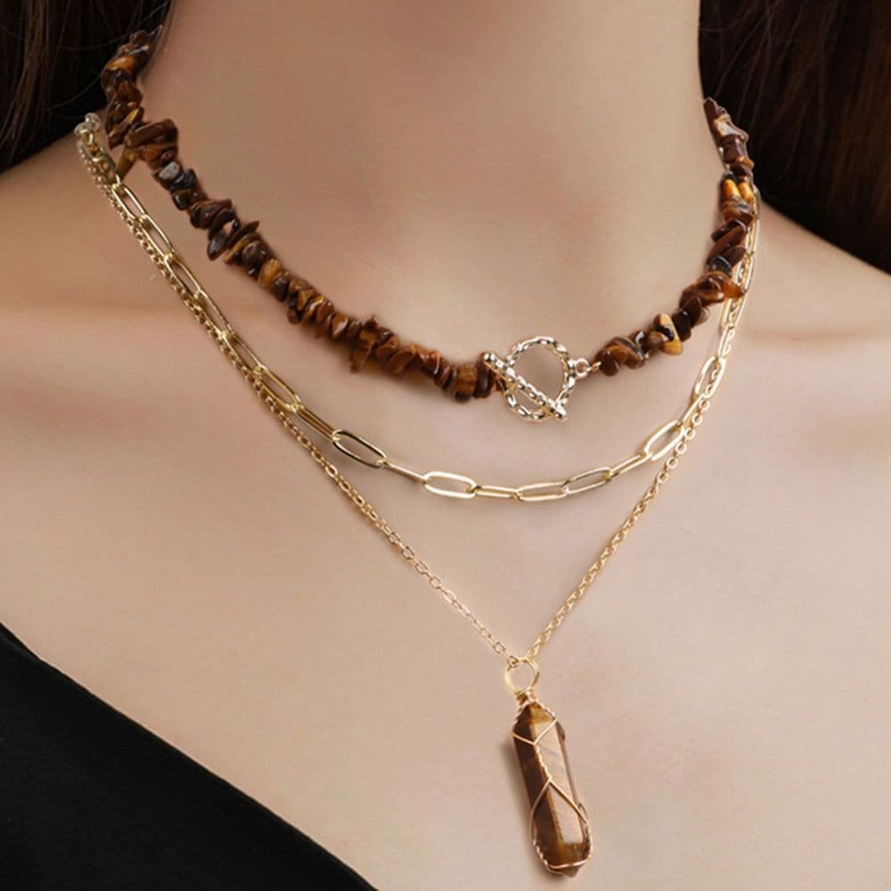 3 Pieces Irregular Chip Beads Necklaces, Natural Stone Hexagonal Column Pendant Necklace, Tiger Eye