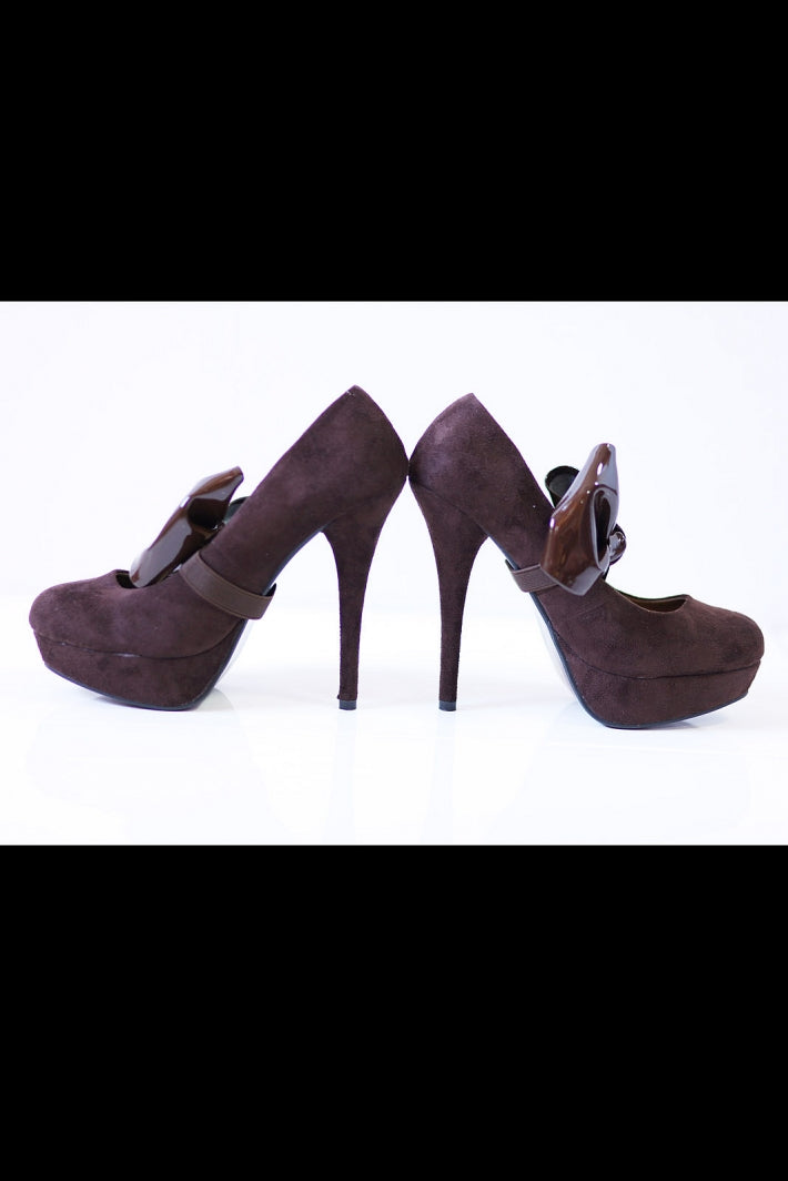 2519-1 High-heeled pumps with bow on elastic band - Brown-1