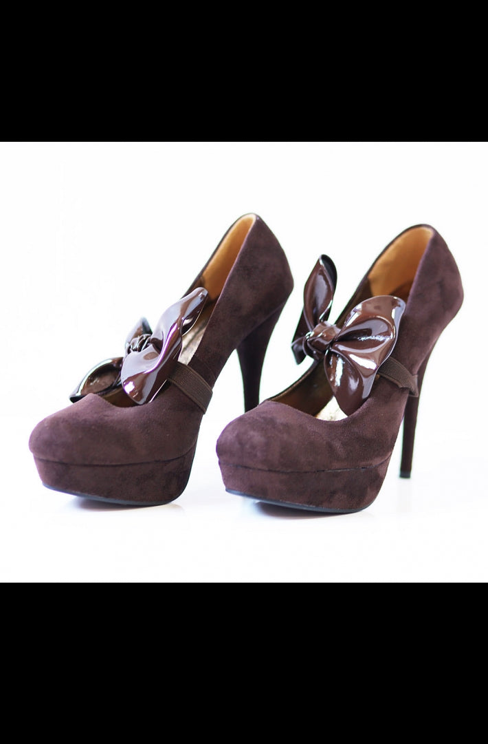 2519-1 High-heeled pumps with bow on elastic band - Brown-0