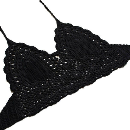 Crochet bikini top halter neck wrapped chest black