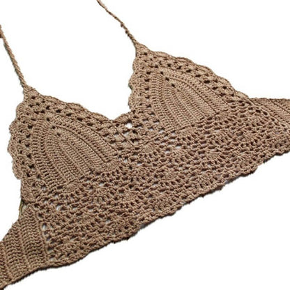 Crochet bikini top halter neck wrapped chest brown