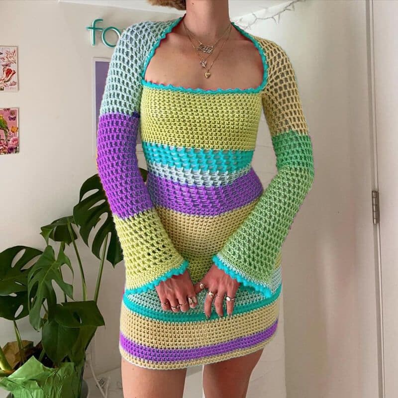Crochet dress hollow out long sleeve green/yellow