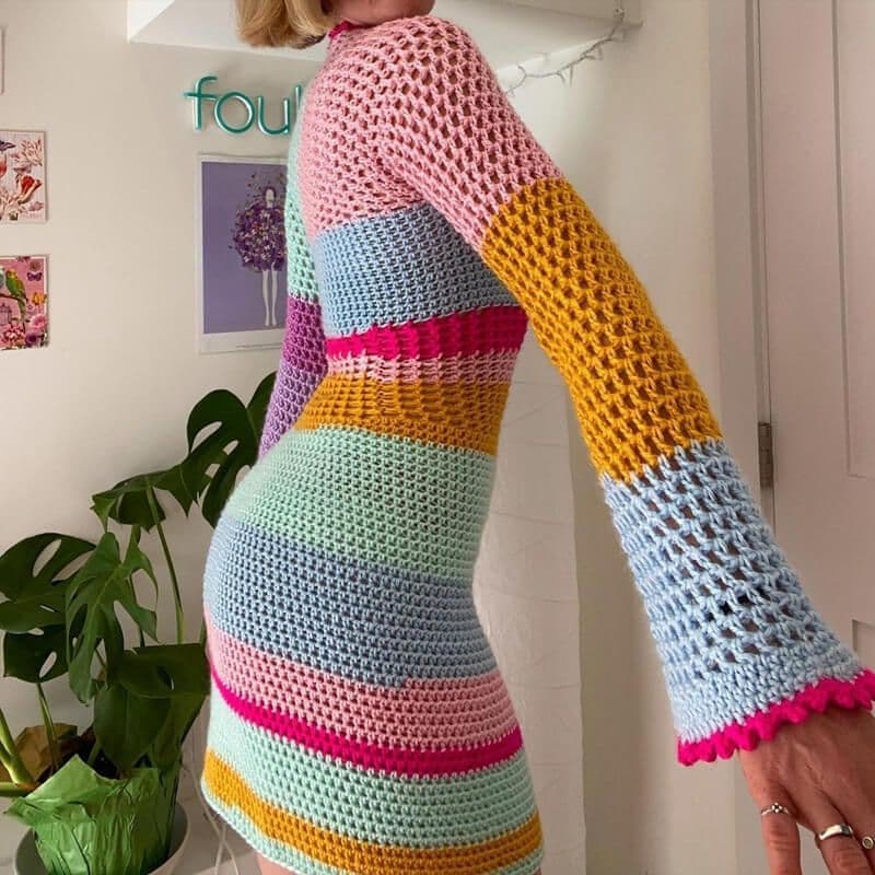 Crochet dress hollow out long sleeve green/yellow