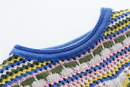 Crochet dress long sleeve striped O-neck