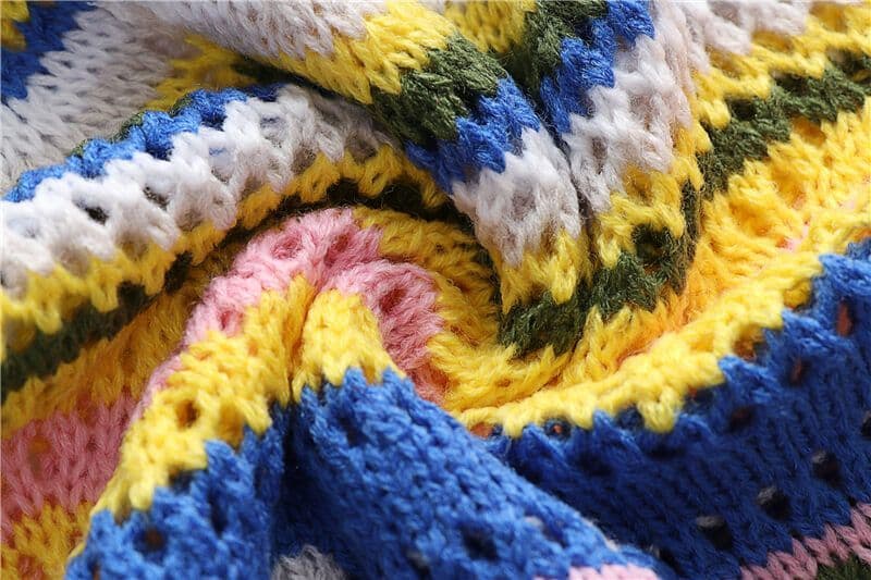 Crochet dress long sleeve striped O-neck blue