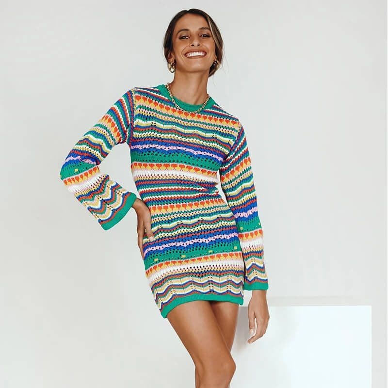 Crochet dress long sleeve striped O-neck pink