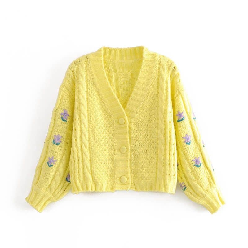 Crochet floral sweater puff sleeves yellow