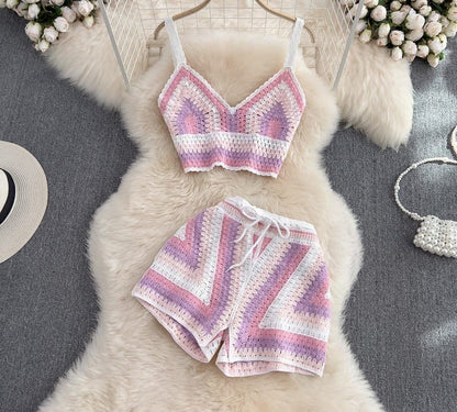 Crochet set cami and shorts pink