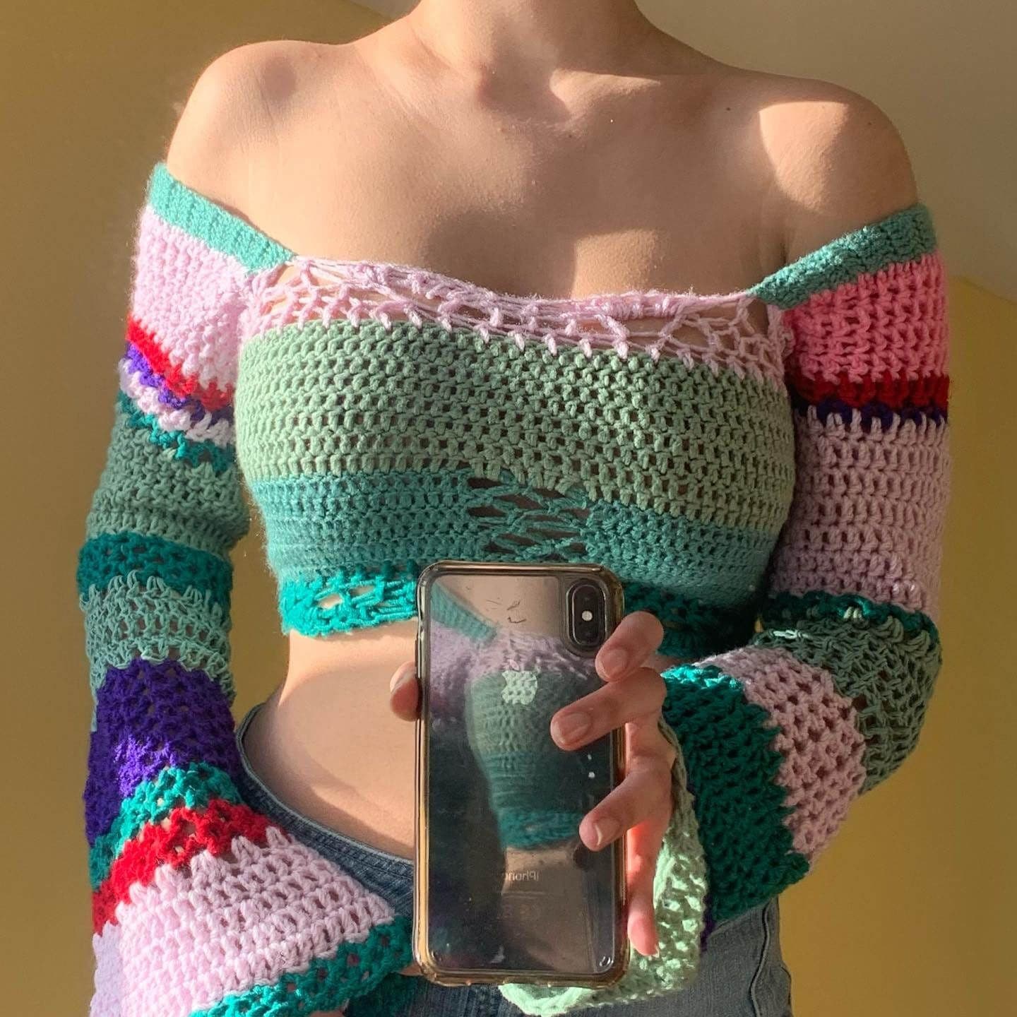 Crochet top long sleeve square neck auburn