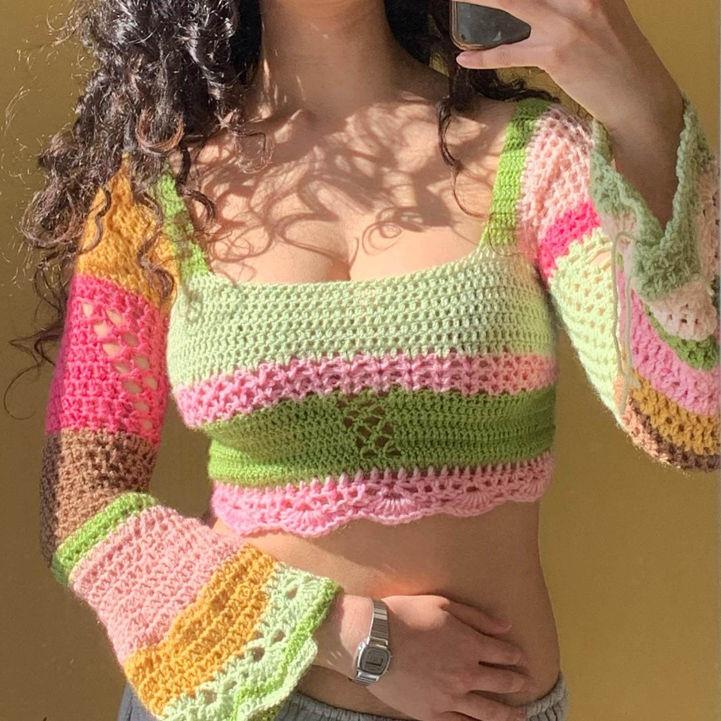 Crochet top long sleeve square neck green