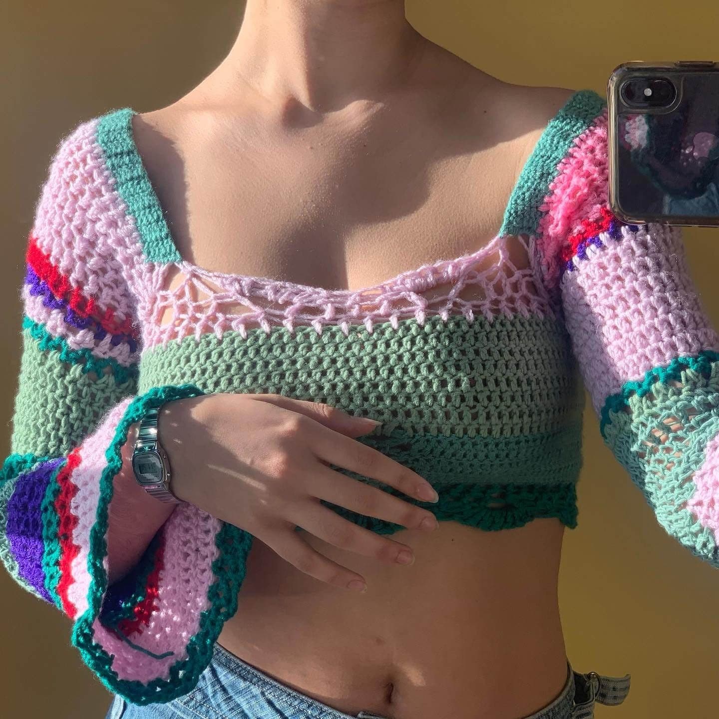 Crochet top long sleeve square neck green