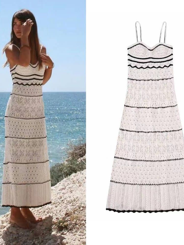 Handmade knitted dress slim fit long in black and white